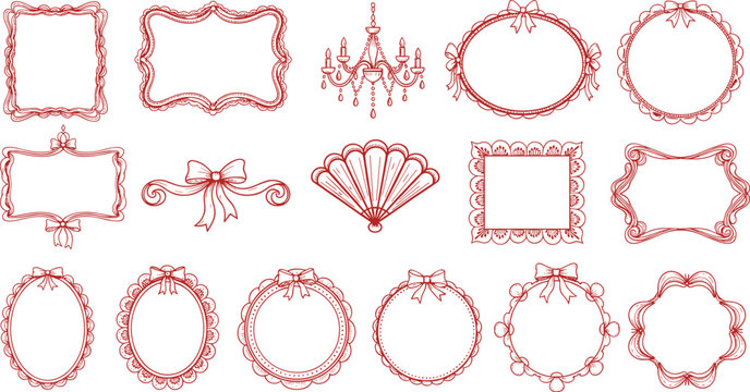 Ornamental decorative frame illustration, vintage border artwork, floral motif design, elegant label graphics, red line icons, flat vector illustration