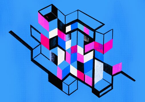 Abstract Geometric Composition with Isometric Shapes and Vibrant Color