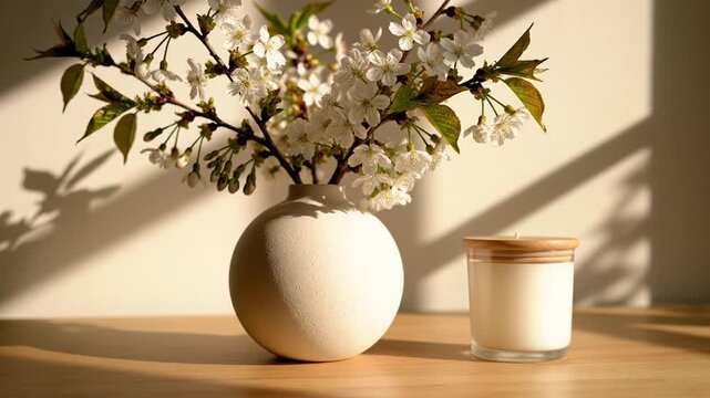 White cherry blossom branches in round ceramic vase next to candle on wooden table with warm sunlight shadows