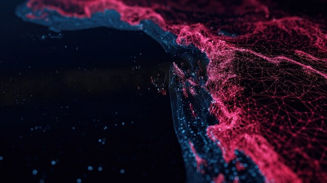 Abstract network of glowing pink and blue particles forming a dynamic web against a dark background, suggesting connection, data flow. ..Created with Generative AI, not depicting real subjects.