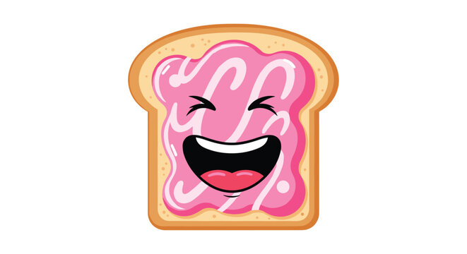 Cheerful cartoon slice of bread with pink fruit jam spread and a wide laughing facial expression on a white background.