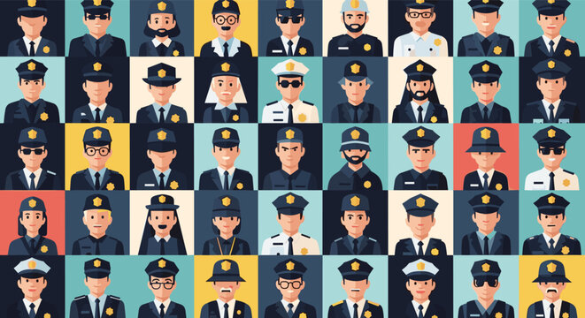 Large grid of diverse cartoon police officer avatars with different uniforms, accessories, and facial characteristics.
