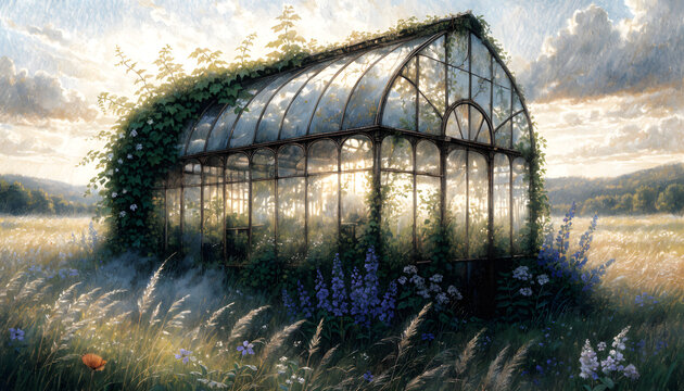 Hyper Realistic Colored Pencil Victorian Glass Greenhouse in Remote Meadow at Sunset