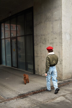 Person walks a dog in a city setting