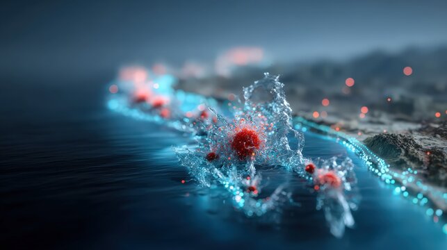 A microscopic view of the virus invading a coastal city. ..Created with Generative AI, not depicting real subjects.