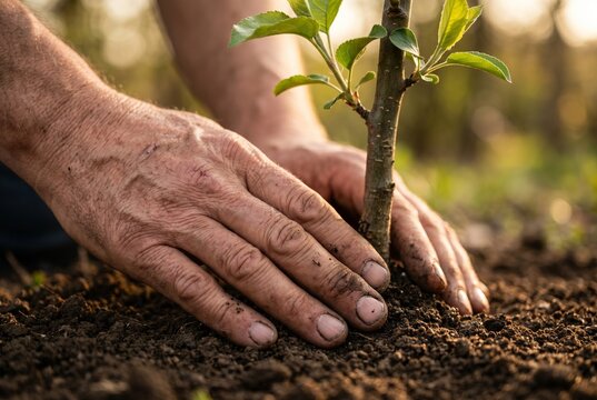 Close-up of a gardener's hands planting a young tree sapling in fertile soil, symbolizing growth and environmental sustainability
