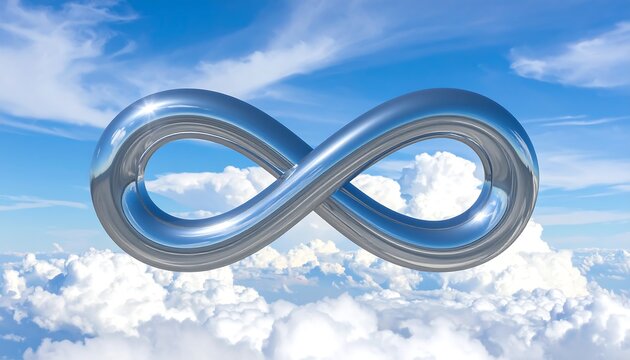 Chrome infinity symbol floats mid-air against a fluffy, white clouds, with a bright blue sky background