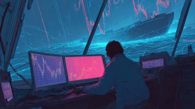 Anxious trader monitors fluctuating stock market graphs on multiple computer screens. ..Created with Generative AI, not depicting real subjects.
