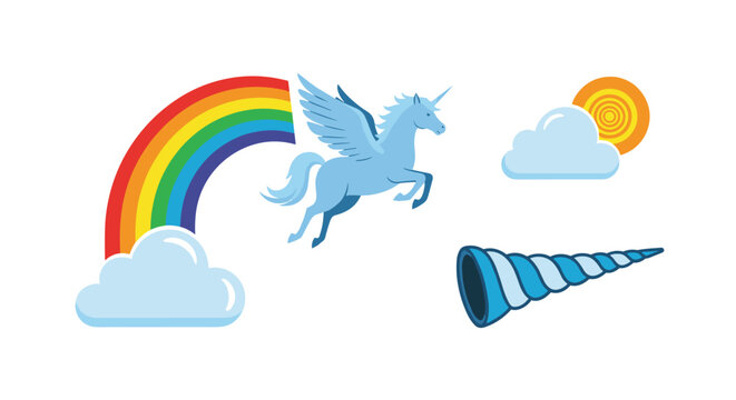 Magical scene featuring a flying blue winged unicorn near a colorful rainbow and white clouds with a golden sun.