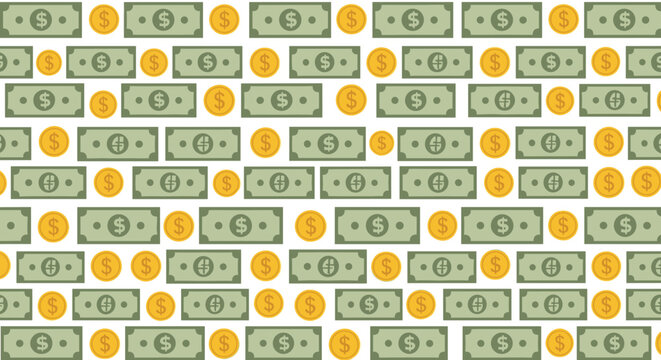 Seamless repeating financial pattern of green paper dollar bills and round gold coins on a clean white background.