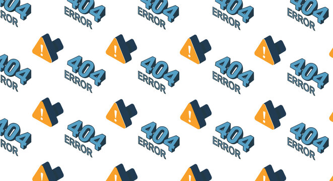 Repeating isometric pattern of blue 404 error text and orange triangular warning signs on a white background.