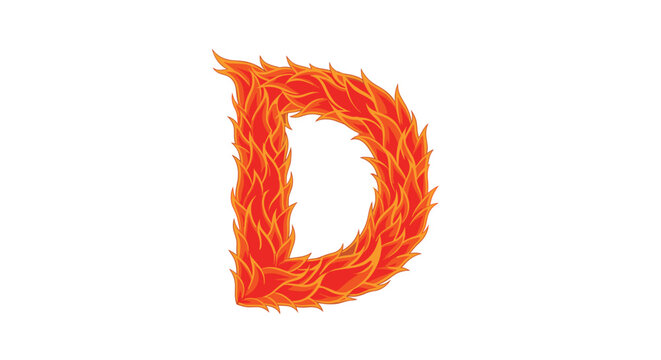 Artistic burning capital letter D designed using realistic orange and red fire flames on a clean white background.