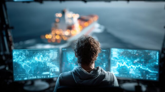 A navigator with curly hair stares intently at a large ship on the screen. ..Created with Generative AI, not depicting real subjects.