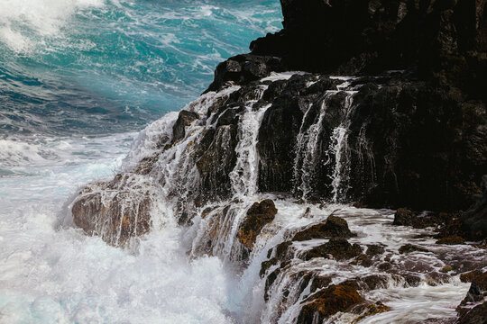 Rugged volcanic coast with crashing Atlantic waves, La Palma