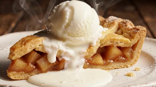 Warm apple pie slice with melting vanilla ice cream and steam