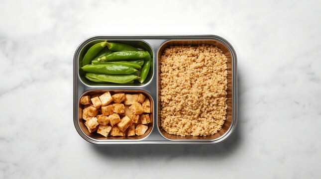 Healthy and Delicious Meal Prep - Brown Rice, Tofu, and Green Beans in a Bento Box.
