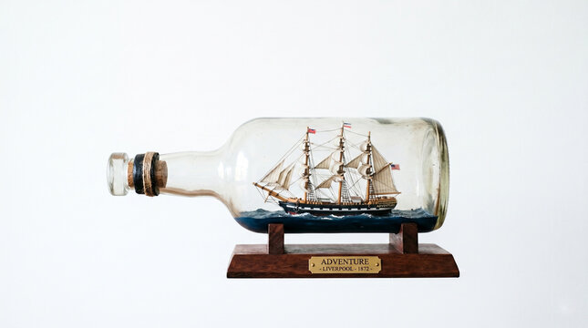 Miniature wooden sailing ship inside a glass bottle ornament, isolated on a white background. Traditional handicraft and souvenir concept
