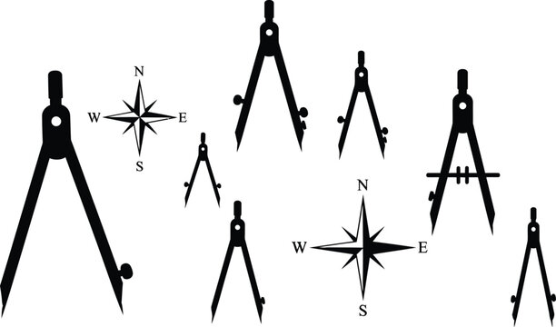 Drafting tools collection compasses and compass rose illustrations for technical design and educational materials