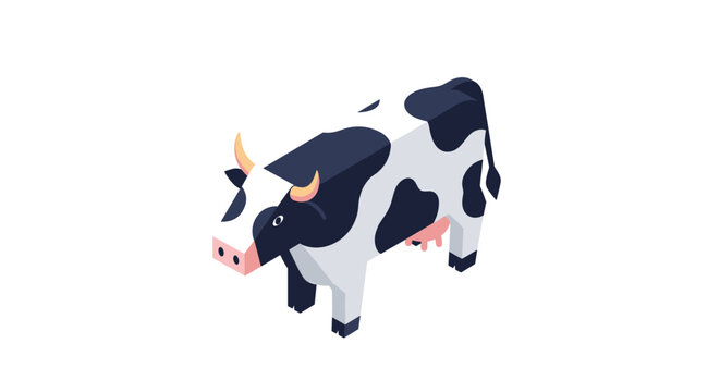 Clean isometric illustration of a black and white spotted dairy cow standing in profile on a solid white background.