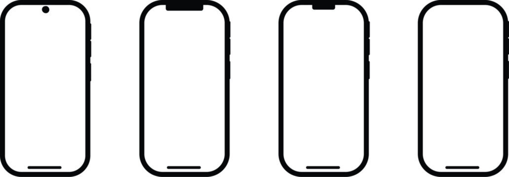 Four black smartphone outlines with white screens on a white background for mockup or template use with various notch