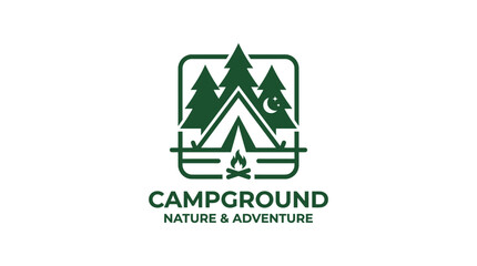 Campground logo with tent, trees, campfire, and moon in a rounded square frame © masiku