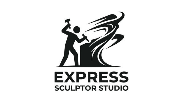 Sculptor creating abstract art with hammer and chisel, graphic element concept