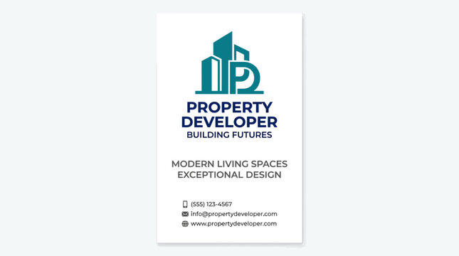 Property developer logo and branding with modern building icons and contact details