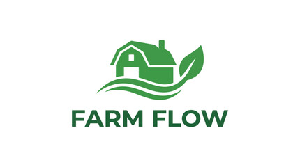 Green farm barn with leaf and wavy lines logo concept, eco-friendly agriculture © masiku