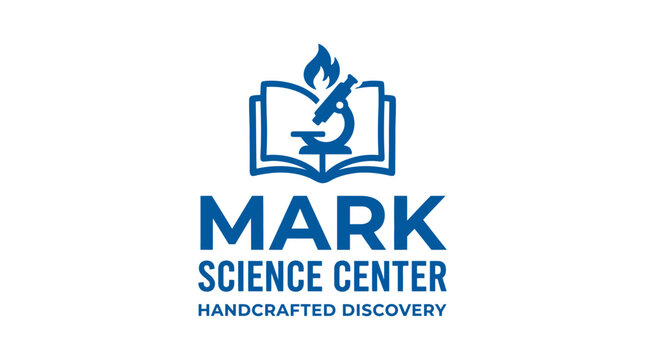 Vector logo for science center with open book and microscope graphic element