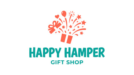 Obraz premium Gift shop logo with festive elements like balloon, fireworks, and gift box, vector illustration