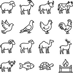 Fototapeta premium Farm Animal Icons Set: Livestock and Pets Line Art Collection