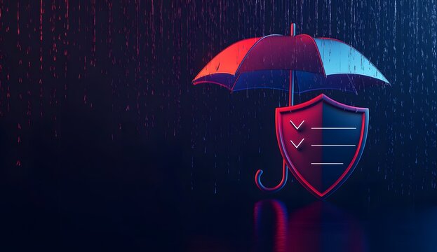 3D cyber shield with umbrella, threat prevention coverage.


