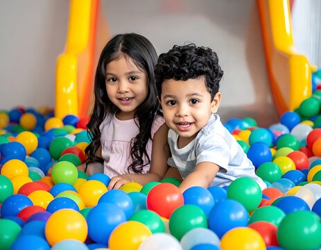 Two children playing in ball pit.