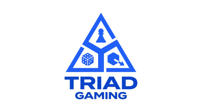 Blue gaming logo with chess piece, dice, and cube on white background