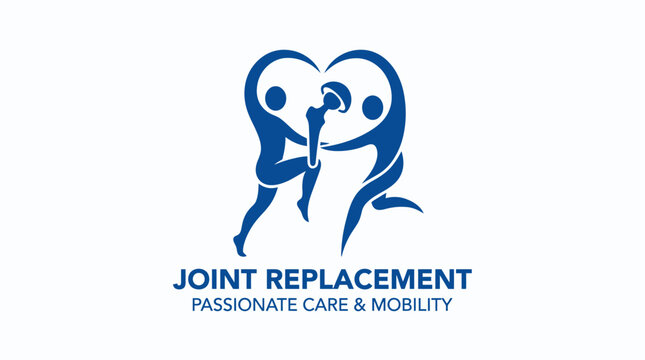 Vector illustration of two stylized figures with a hip joint replacement graphic, symbolizing mobility and care.