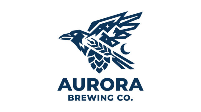 Vector logo design of a raven with hop cone and celestial elements, representing Aurora Brewing Co.