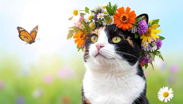 Cat with a flower crown sits in a meadow as a butterfly flutters nearby under a bright blue and green sunny sky