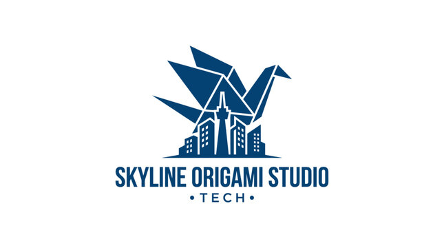 Origami crane logo with city skyline, modern graphic element for tech studio