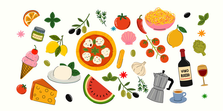 Italian Food and Culture Sticker Set in Retro Cartoon Style. Cute Pizza, Wine, Tomato and Mediterranean Cuisine Elements. La Dolce Vita Italy Travel Collection with Amalfi Coast Labels, Funky Doodle 