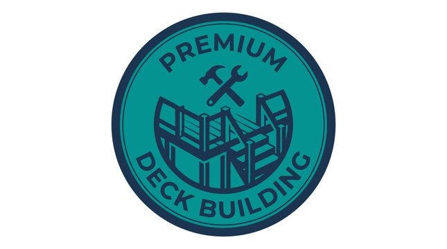 Premium deck building logo with tools and structure, graphic element