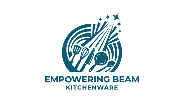Modern kitchenware logo with utensils and sparkle graphic element, vector illustration