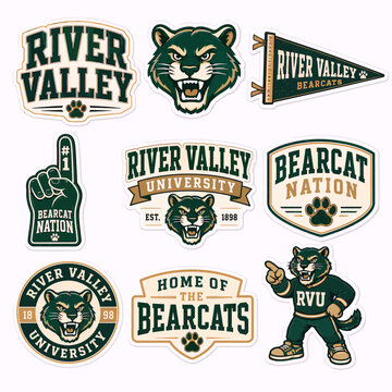 A collection of nine university-themed stickers featuring a green bearcat mascot, 'River Valley' text, and various emblem designs.
