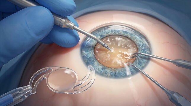 A surgeon performs eye surgery with precision instruments on a patient