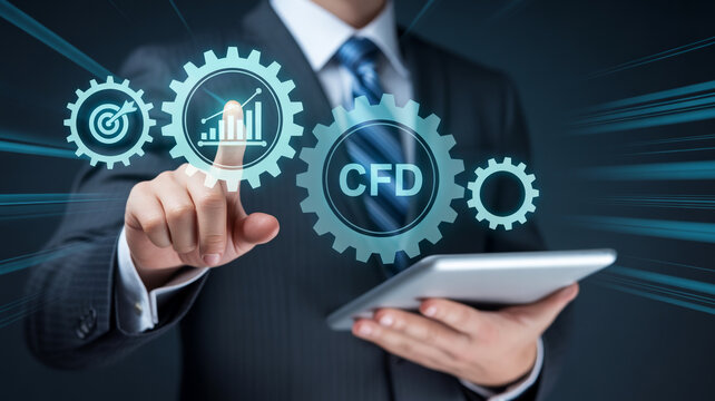 Businessman interacting with digital interface cfd trading concept on tablet finance and technology