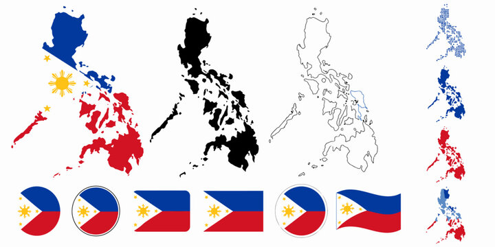The Philippines map and flags illustration with various colored representations