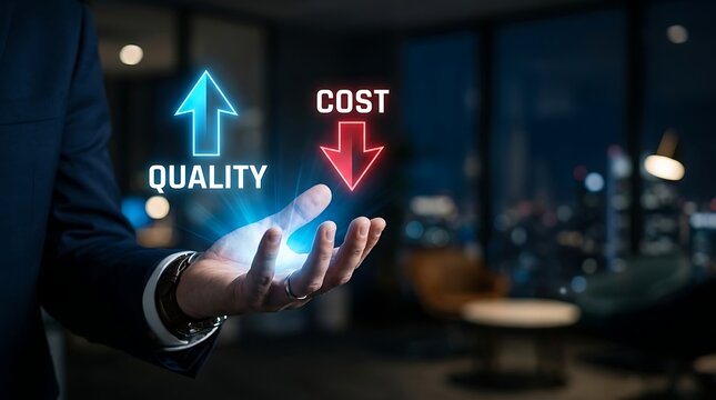 Innovative management strategy showing rising quality and falling cost with glowing virtual reality interface elements