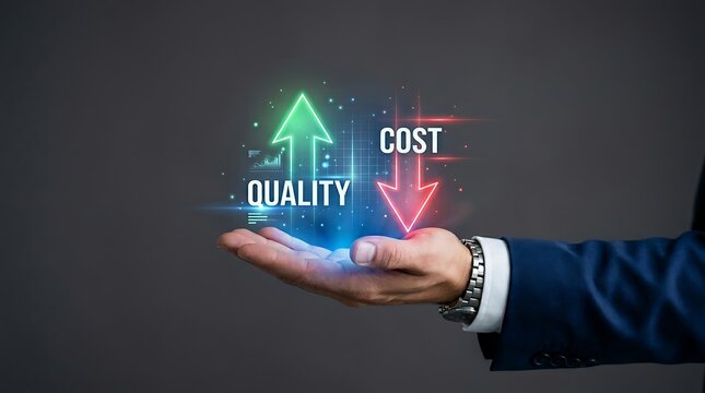 Corporate executive presenting a digital infographic concept focusing on quality improvement and cost reduction in a modern office