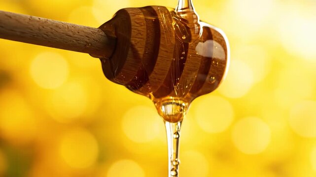 Slow motion golden honey dripping from a wooden dipper against a bright yellow background