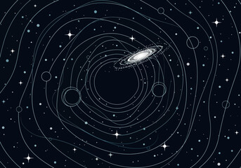 Minimalist Artistic Solar System Illustration with Planetary Orbits, Spiral Galaxy and Stars on Dark Background © Abil