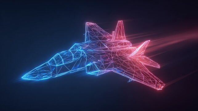 A futuristic fighter jet rendered in a vibrant neon wireframe, glowing in electric blue and fiery red, streaks through the darkness. ..Created with Generative AI, not depicting real subjects.